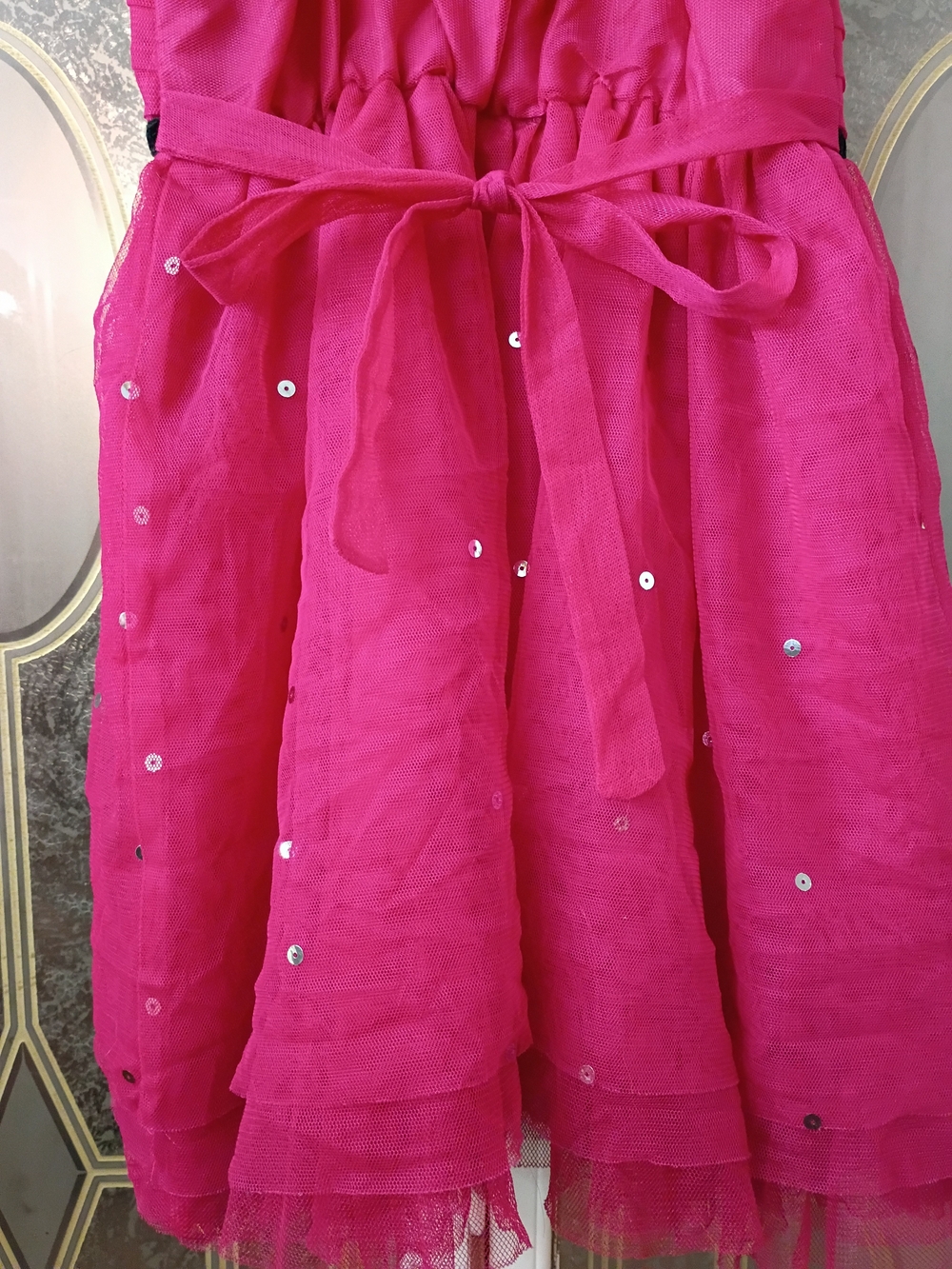 George Fuchsia Sleeveless Sequin Party Dress with Velvet Waistband - Picture 6 of 7